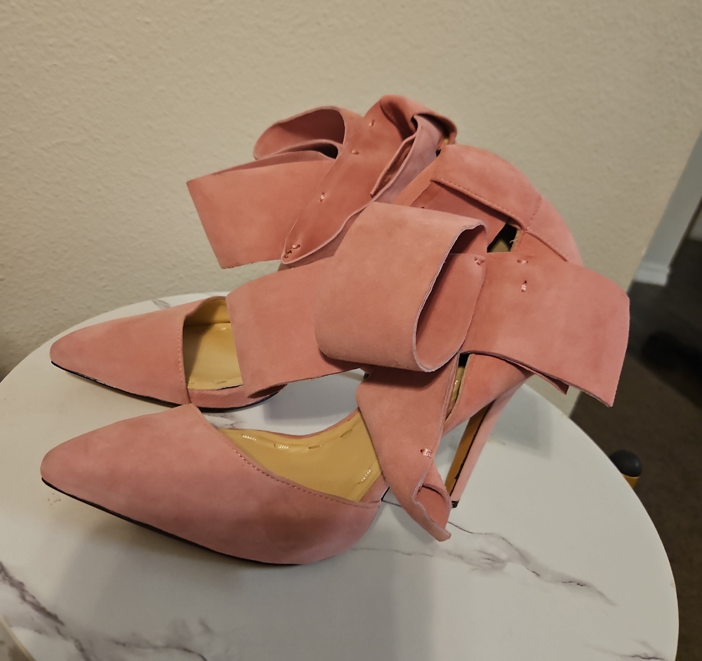 Aminah Abdull Rose Pink Suede Pointed-Toe Heels with Bow